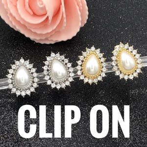 Pearl Rhinestone Silver OR Gold Teardrop Clip On Earrings